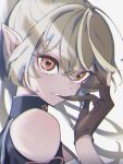  1girl bangs biting blonde_hair clothing_cutout dark_skin dark_skinned_female elf eyebrows_visible_through_hair eyeshadow floating_hair glove_biting glove_pull gloves highres hololive long_hair looking_at_viewer makeup natsume_hinako orange_eyes orange_eyeshadow parted_lips partially_fingerless_gloves pointy_ears ponytail shiranui_flare shoulder_cutout shoulders smile solo tied_hair upper_body virtual_youtuber 