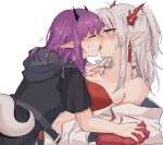  2girls arknights bandeau bangs bare_shoulders black_dress breasts chinese_commentary cleavage closed_eyes commentary_request dress eyebrows_visible_through_hair highres holding_hands horns kiss lava_(arknights) long_hair mabing medium_breasts multicolored_hair multiple_girls nian_(arknights) off_shoulder pointy_ears purgatory_(arknights) purple_eyes purple_hair red_hair short_sleeves sidelocks silver_hair simple_background strapless streaked_hair tubetop white_background yuri 