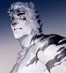 1boy animal_ears arknights bandaid bandaid_on_cheek bara completely_nude fluffy furry large_pectorals maiyabuhantang male_focus mountain_(arknights) muscular muscular_male no_scar nude portrait short_hair solo tail tiger_boy tiger_ears tiger_tail upper_body white_fur white_hair wind younger 
