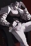  1boy animal animal_ears animal_on_lap arknights bandaged_hands bandages bara black_tank_top bulge cat cat_on_lap chain_necklace couch covered_abs covered_nipples elbow_rest feet_out_of_frame flower furry highres jacket jacket_on_shoulders large_pectorals looking_at_viewer male_focus mountain_(arknights) muscular muscular_male on_couch pants scar scar_across_eye short_hair solo spread_legs tail tank_top tiger_boy tiger_ears tiger_tail waxianfanta white_cat white_flower white_fur white_hair white_pants 
