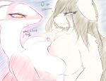  2019 anthro big_breasts breast_squish breasts breasts_frottage brown_hair chimera dialogue duo empty_eyes english_text female fullmetal_alchemist fur hair hi_res latias legendary_pok&eacute;mon milkteafox nina_tucker nintendo pok&eacute;mon pok&eacute;mon_(species) pupils simple_background slit_pupils squish tan_body text video_games 