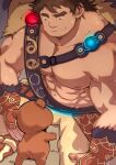  2boys abs absurdres ahr_studio ass bangs bara bare_pecs brown_hair bulge chest_harness facial_hair fate/grand_order fate_(series) harness highres imminent_fellatio large_pectorals looking_at_another male_focus multiple_boys muscular muscular_male nipples orion_(bear)_(fate) orion_(super_archer)_(fate) pectorals reward_available shirtless size_difference smile sweat sweatdrop thick_eyebrows yaoi 