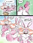  2021 absurd_res anthro basket breasts clothing comic costume dialogue easter female female_pov first_person_view fur fursuit growth hair hi_res holidays human human_to_anthro lagomorph leporid mammal mr-dna pawpads pink_body pink_eyes pink_fur rabbit shocked solo species_transformation suit_transformation surprise transformation whisker_growth whiskers 