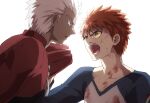  2boys archer_(fate) asrkgk_(asura) dark_skin dark_skinned_male dual_persona emiya_shirou fate/stay_night fate_(series) highres multiple_boys open_mouth orange_hair raglan_sleeves short_hair spiked_hair white_hair yellow_eyes 