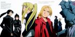  alphonse_elric armor back-to-back black_hair black_jacket blonde_hair blue_eyes edward_elric full_armor fullmetal_alchemist highres jacket lan_fan ling_yao official_art ponytail red_jacket riza_hawkeye roy_mustang scan simple_background white_background winry_rockbell yellow_eyes 