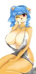  activision anthro bandicoot big_breasts blue_hair breasts cleavage clothed clothing crash_bandicoot_(series) ear_piercing female hair hi_res huge_breasts jewelry lips looking_at_viewer mammal marsupial megumi_bandicoot necklace one_eye_closed pendulous_g piercing red_eyes simple_background smile thick_thighs video_games white_background wink 