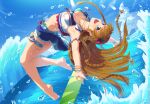  1girl :d armlet armpits bare_shoulders barefoot bikini bikini_top blue_eyes blue_sky bracelet braid breasts brown_hair cleavage cloud collarbone eyebrows_visible_through_hair flower hair_flower hair_ornament idolmaster idolmaster_million_live! idolmaster_million_live!_theater_days jewelry kamille_(vcx68) kousaka_umi long_hair looking_at_viewer medium_breasts necklace ocean open_mouth outdoors shell_necklace shorts sky smile soles solo surfboard swimsuit teeth toes twin_braids upside-down water_drop waves 
