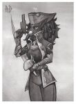  2021 andyd anthro black_and_white breasts clothed clothing coat cutlass eyebrows eyelashes female gloves gun handgun handwear hi_res looking_at_viewer mammal melee_weapon monochrome pirate pistol ranged_weapon solo standing sword topwear traditional_media_(artwork) tricorner_hat weapon 