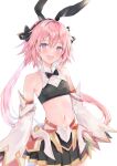 1boy aisu_(icicleshot) astolfo_(fate) astolfo_(saber)_(fate) bare_shoulders bow bowtie detached_sleeves fate/grand_order fate_(series) hair_between_eyes happy long_hair looking_at_viewer midriff navel open_mouth otoko_no_ko pink_eyes pink_hair pleated_skirt simple_background skirt smile solo twintails white_background 