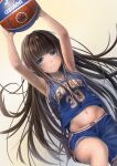  1girl alternate_costume armpits azur_lane ball bangs bare_shoulders basketball basketball_uniform black_hair blue_eyes blue_shirt blue_shorts blunt_bangs brand_name_imitation breasts closed_mouth clothes_writing commentary_request cowboy_shot dutch_angle eyebrows_visible_through_hair floating_hair groin highres holding holding_ball jumping long_hair long_island_(azur_lane) looking_up national_basketball_association navel new_york_knicks number shirt shirt_lift shorts sidelocks simple_background sleeveless sleeveless_shirt small_breasts smile solo sportswear sweat tagme very_long_hair yakkuro yellow_background 