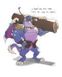  0rang3 absurd_res activision anthro blue_body bubba_(spyro) dialogue dragon hi_res holding_object log looking_at_viewer male muscular muscular_anthro muscular_male pecs solo spyro_reignited_trilogy spyro_the_dragon video_games wood 