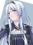  1girl 3_small_spiders an-94_(girls_frontline) bangs blue_eyes blush closed_mouth eyebrows_visible_through_hair girls_frontline hair_between_eyes hairband highres long_hair looking_at_viewer silver_hair solo two-tone_background upper_body 