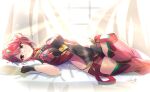 bangs bed black_gloves breasts chest_jewel earrings fingerless_gloves gloves highres jewelry l-phy large_breasts pyra_(xenoblade) red_eyes red_hair red_legwear red_shorts short_hair short_shorts shorts swept_bangs thighhighs tiara xenoblade_chronicles_(series) xenoblade_chronicles_2 