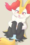  2020 absurd_res anthro blush bodily_fluids bottomwear braixen canid canine cheek_tuft chest_tuft clothing ear_tuft facial_tuft fangs female fluffy fluffy_tail fur hi_res inner_ear_fluff lying mammal nintendo on_back open_mouth orange_body orange_fur panties pattern_bottomwear pattern_clothing pattern_panties pattern_underwear pok&eacute;mon pok&eacute;mon_(species) red_eyes solo striped_bottomwear striped_clothing striped_panties striped_underwear stripes sweat sweatdrop tuft underwear video_games yellow_body yellow_fur も 