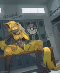  anthro athletic athletic_female bench big_breasts blue_eyes bodily_fluids breasts claws curtains detailed_background dressing_room_(disambiguation) feliscede female fur genitals graffiti legendary_pok&eacute;mon locker looking_forward navel nintendo nipples pok&eacute;ball pok&eacute;mon pok&eacute;mon_(species) pussy sitting solo spread_legs spreading sweat video_games window yellow_body yellow_fur zeraora 