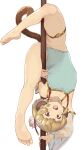  1girl 2equal8 andira_(granblue_fantasy) animal_ears barefoot blonde_hair blush detached_sleeves erune flat_chest granblue_fantasy green_swimsuit hair_ornament highres looking_at_viewer monkey_ears monkey_tail one-piece_swimsuit open_mouth pole_dancing red_eyes see-through_sleeves short_hair simple_background smile soles solo swimsuit tail upside-down white_background 