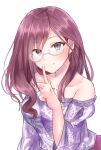  1girl bare_shoulders blue_eyes blush brown_hair chii_(sbshop) collarbone finger_to_mouth highres idolmaster idolmaster_cinderella_girls jewelry long_hair necklace purple_shirt semi-rimless_eyewear shirt simple_background smile solo strapless_shirt under-rim_eyewear white_background yagami_makino 