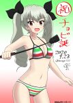  1girl :d anchovy_(girls_und_panzer) artist_logo bangs bikini birthday black_ribbon breasts brown_eyes character_name cowboy_shot dated drill_hair girls_und_panzer girls_und_panzer_senshadou_daisakusen! gradient gradient_background green_background green_bikini green_hair hair_ribbon highres holding horagai_(horagai222) italian_flag_bikini long_hair looking_at_viewer medium_breasts multicolored multicolored_stripes navel official_alternate_costume open_mouth red_background red_bikini ribbon riding_crop smile solo standing striped striped_bikini swimsuit translated twin_drills twintails twitter_username white_background 