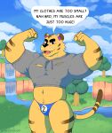  absurd_res animal_crossing anthro belly big_nose big_pecs blush bodily_fluids body_hair bragging bulge cliff clothing cloud confident day detailed_background dialogue dialogue_box exposed_belly eyebrows fangs felid flexing fur genitals grass happy_trail hi_res hoodie looking_at_viewer male mammal muscular nintendo open_mouth outside pantherine pecs penis plant small_penis smile solo stretched_clothing striped_body striped_fur stripes sweat thick_eyebrows thong tiger tight_clothing topwear torn_clothing tree tybalt_(animal_crossing) underwear ventesthefloof video_games waterfall 