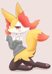  2020 3_toes absurd_res ambiguous_gender anthro blush bottomless braixen canid canine cheek_tuft chest_tuft clothed clothing ear_tuft facial_tuft feet fur hi_res inner_ear_fluff kneeling mammal nintendo orange_body orange_fur pawpads pok&eacute;mon pok&eacute;mon_(species) red_eyes simple_background smile solo sweater toes topwear tuft video_games yellow_body yellow_fur も 