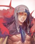  1boy angry blue_hair cape closed_mouth cu_chulainn_(fate)_(all) cu_chulainn_alter_(fate/grand_order) dark_persona detached_hood earrings facepaint fate/grand_order fate_(series) fur-trimmed_cape fur_trim hood hood_up iash jewelry long_hair looking_at_viewer male_focus muscular muscular_male nipples pectorals ponytail red_eyes sharp_teeth shirtless simple_background slit_pupils solo spikes teeth white_background 