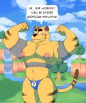  absurd_res animal_crossing anthro belly big_nipples big_pecs blush bodily_fluids body_hair bulge chest_tuft cliff clothing cloud day detailed_background dialogue dialogue_box embarrasing embarrassed exposed_belly eyebrows felid flexing flexing_bicep flexing_muscles fur genitals grass happy_trail hi_res hoodie huge_pecs looking_at_viewer male mammal muscular nintendo nipples outside painted_background pantherine pecs penis plant river small_penis solo speech_bubble striped_body striped_fur striped_tail stripes surprise surprised_expression sweat sweating_profusely text thick_eyebrows thong tiger topwear torn_clothing tree tuft tybalt_(animal_crossing) underwear ventesthefloof video_games waterfall 
