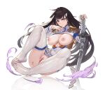  1girl absurdres areolae ass black_hair blue_eyes breasts breasts_outside full_body highres jacket junketsu kill_la_kill kiryuuin_satsuki lan_xiezi long_hair medium_breasts nipples no_bra pussy reflective_floor serious simple_background solo sword uncensored weapon wet wet_clothes white_background white_legwear 