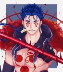  1boy beads blue_hair bodypaint claws closed_mouth cu_chulainn_(fate)_(all) cu_chulainn_alter_(fate/grand_order) dark_blue_hair dark_persona detached_hood earrings elbow_gloves facepaint fate/grand_order fate_(series) floating_hair gae_bolg_(fate) gloves grin hair_beads hair_ornament highres hood hood_down jewelry long_hair looking_at_viewer male_focus meisei_(akaramu_3305min) muscular muscular_male nipples pectorals ponytail red_eyes sharp_teeth shirtless slit_pupils smile solo spiked_hair spikes teeth 