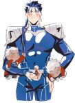  1boy archer_(fate) armor blue_hair blush character_doll chibi closed_eyes cu_chulainn_(fate)_(all) doll fate/stay_night fate_(series) holding holding_doll lancer ponytail smile solo stuffed_toy 