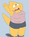  alphys alpi anthro blue_background breasts chubby_female cleavage clothed clothing eyes_closed eyewear female glasses lizard open_mouth reptile scalie shirt short_stack simple_background solo stretching tank_top topwear undertale video_games yawn yellow_body 