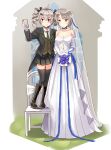  2girls boots bouquet breasts cellphone chair cleavage dress flower formal girls_frontline grey_hair height_difference high_heel_boots high_heels highres multiple_girls necktie phone pp-90_(girls_frontline) red_eyes selfie short_hair silver_hair skirt smartphone smile source_request suit taking_picture vector_(girls_frontline) wedding_dress yellow_eyes yuemanhuaikong 