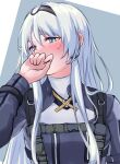  1girl 3_small_spiders an-94_(girls_frontline) bangs blue_eyes blush covering_mouth girls_frontline hair_between_eyes hairband highres long_hair looking_away silver_hair solo two-tone_background upper_body 
