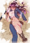  1girl belt black_hair blush boots breasts clenched_teeth denim denim_jacket english_commentary highres injury jeans kanzaki_kaori large_breasts long_hair looking_at_viewer midriff navel pants purple_eyes sheath solo sweat teeth tenk toaru_majutsu_no_index 