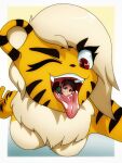  anthro felid feline female fur hi_res human lewdity male male/female mammal pantherine red_eyes size_difference smaller_male tiffany_(character) tiger tongue tongue_out vore yellow_body yellow_fur 