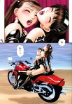  2girls blush breasts brown_hair elbow_gloves eyes_closed female gloves high_heels large_breasts latex long_hair motor_vehicle motorcycle multiple_girls open_mouth ponytail thighhighs toshiki_yui vehicle yui_toshiki yuri 