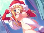  blonde_hair blue_eyes blush breasts christmas dutch_angle from_below large_breasts no_bra no_panties nude nude_filter one_eye_closed pussy santa_costume solo thighhighs third-party_edit tomose_shunsaku 