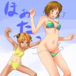  anezaki_mamori armpits assisted_exposure beach bikini black_hair blush brown_hair bun_cover crossover double_bun eyeshield_21 flat_chest gintama kagura_(gintama) legs_apart midriff mosha motion_lines multiple_girls one-piece_tan open_mouth orange_hair pubic_hair short_hair side-tie_bikini striped striped_bikini surprised surprised_arms sweatdrop swimsuit tan tankini tanline untied 