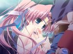  1boy 1girl blue_eyes caressing_testicles censored cum fellatio game_cg hyaweh karin_mibu oral penis pink_hair prism_ark testicles 