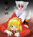  aki_shizuha animal_ears black_hair blonde_hair blush des fang geta grey_hair hair_ornament imminent_rape inubashiri_momiji leaf leaf_hair_ornament leaf_on_head multiple_girls red_eyes shameimaru_aya sword tail tail_wagging tengu-geta touhou weapon wolf_ears yellow_eyes you_gonna_get_raped yuri 