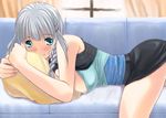  bangs bare_shoulders blunt_bangs breasts camisole cleavage couch curtains green_eyes hoshikuzu_junction indoors large_breasts looking_at_viewer lying nipple_slip nipples on_stomach pillow pillow_hug seolla_schweizer silver_hair solo super_robot_wars thighs window 