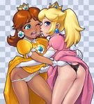  alternate_skin_color ass ass_grab crown dark_skin dress flipped_hair grabbing_another's_ass groping hat interracial mario_(series) multiple_girls panties panty_lift panty_pull pey pink_dress princess_daisy princess_peach saliva saliva_trail skirt skirt_lift super_mario_bros. underwear wedgie yellow_dress yuri 