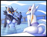  amber_eyes anthro anthrofied big_butt black_body black_border black_fur border breasts butt chest_tuft duo female fur inget looking_at_viewer looking_back luxray mienshao navel nintendo nude pink_eyes pok&eacute;mon pok&eacute;mon_(species) poolside smile swimming tuft video_games water white_body white_fur 