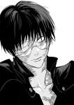  1girl bandage_over_one_eye bandages bangs burn_scar capelet closed_mouth collarbone glasses greyscale jacket jujutsu_kaisen looking_at_viewer monochrome portrait round_eyewear scar scar_on_face short_hair simple_background solo spoilers tekla tsurime zenin_maki 