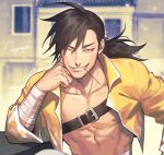  1boy artist_name bandaged_arm bandages bare_pecs black_hair buckle chest_strap collarbone cursive elbow_rest fullmetal_alchemist grey_eyes grin head_rest kanapy light_particles ling_yao long_hair looking_at_viewer male_focus mouth_hold nipples one_eye_closed pectorals ponytail smile solo toned toned_male 