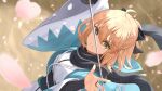  1girl ahoge arm_guards black_bow black_scarf blonde_hair bow cherry_blossoms fate/grand_order fate_(series) haori japanese_clothes katana kimono koha-ace matsuba_moco okita_souji_(fate) okita_souji_(fate)_(all) petals scarf shinsengumi short_hair short_kimono solo sword weapon white_kimono yellow_eyes 