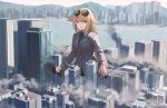  1girl aviator_sunglasses bangs blazer blonde_hair building city cityscape destruction eyewear_on_head giant giantess girls_frontline green_eyes green_neckwear hair_between_eyes hair_flaps jacket long_hair long_sleeves m1918_bar_(girls_frontline) necktie nighttsound open_mouth skyscraper smoke solo sunglasses 