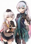  2girls absurdres aqua_eyes aqua_neckwear asymmetrical_legwear bag bangs black_gloves black_headwear black_legwear black_skirt blue_shirt blue_shorts breasts brown_jacket closed_mouth eyebrows_visible_through_hair fingerless_gloves girls_frontline gloves grey_hair hat headphones highres holster jacket long_hair looking_at_viewer lwmmg_(girls_frontline) medium_breasts microphone military_hat multiple_girls muteppona_hito necktie shirt shorts silver_hair skirt smile standing svd_(girls_frontline) thighhighs weapon_case white_background white_shirt yellow_eyes 