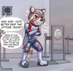  2021 absurd_res angry anthro black_nose bulge clothed clothing costumekato dialogue digital_drawing_(artwork) digital_media_(artwork) english_text erection erection_under_clothing glistening guardians_of_the_galaxy hi_res male mammal marvel procyonid raccoon red_eyes rocket_raccoon rubber solo speech_bubble story story_in_description text 