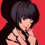  1girl bangs black_hair blunt_bangs bob_cut brown_eyes closed_mouth collarbone commentary english_commentary eyelashes hand_to_own_mouth jewelry labcoat lipstick looking_at_viewer makeup moshimoshibe necklace one_eye_closed persona persona_5 persona_5_the_royal pink_lips portrait red_background shadow short_hair simple_background smile solo takemi_tae 