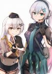  2girls absurdres aqua_eyes aqua_neckwear asymmetrical_legwear bag bangs black_gloves black_headwear black_legwear black_skirt blue_shirt blue_shorts breasts brown_jacket closed_mouth eyebrows_visible_through_hair fingerless_gloves girls_frontline gloves grey_hair hat headphones highres holster jacket long_hair looking_at_viewer lwmmg_(girls_frontline) medium_breasts microphone military_hat multiple_girls muteppona_hito necktie shirt shorts silver_hair skirt smile standing svd_(girls_frontline) thighhighs weapon_case white_background white_shirt yellow_eyes 